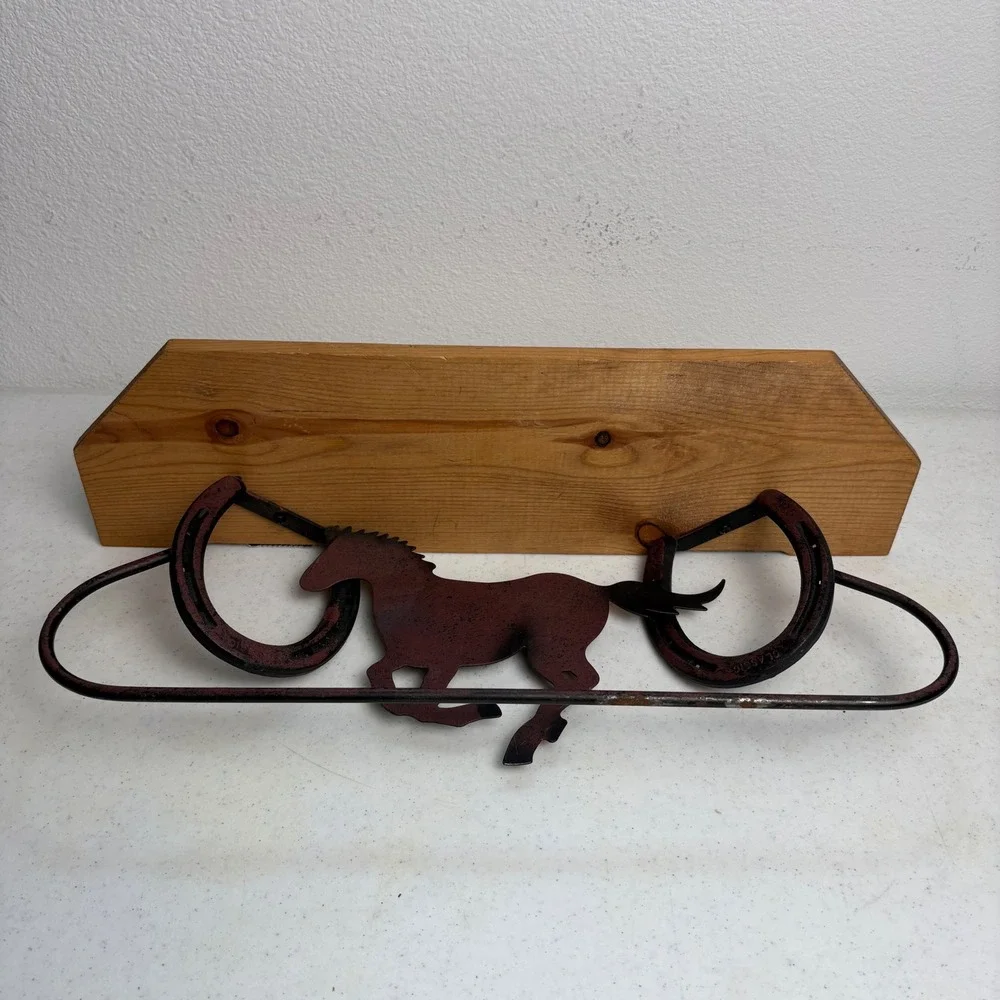 Rustic Horseshoe Horse Metal Wood Wall Shelf Western Equestrian Home Decor 17in